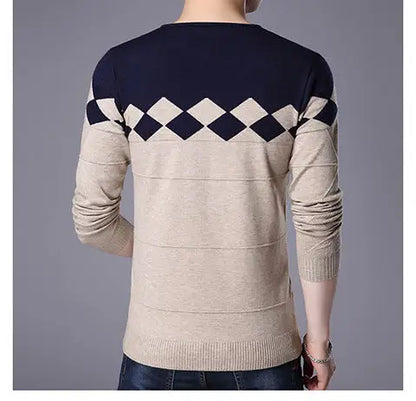 Autumn Winter New Men V-neck Pullover Sweaters Plaid Casual Korean Clothing Tees Fashion Slim Long Sleeve Bottoming Knitted Tops