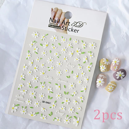 2pcs 5D White Daisy Design Nail Art Stickers Embossed Daisy Floret Green Leaf Nail Art Decals DIY Spring Summer Decor Stickers