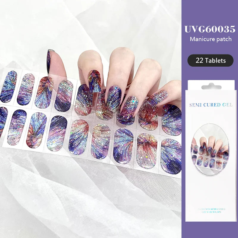 16/22 Tips Semi Cured Gel Nail Stickers for UV Lamp Designer Adhesive Nail Gel Wraps DIY Long-lasting  Nail Decoration