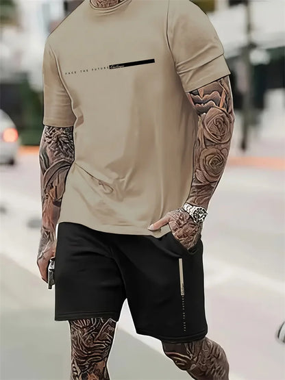 2025 New Men's Summer Round Neck Short Sleeve Suit Outdoor Sports Breathable Comfortable Shorts Suit Letter Print Casual Suit