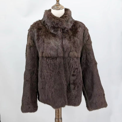 Women Real Rabbit Fur Coat High Collar Winter Jacket Make of One Rabbit Fur Cross Mink Pattern