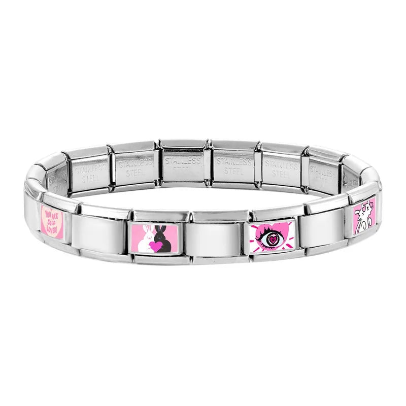 Beautiful Flower Y2K Black Star Dog Heart Pink Italian Charm Link Fit 9mm Stainless Steel Sweet Bracelet Jewelry Making DIY Gift