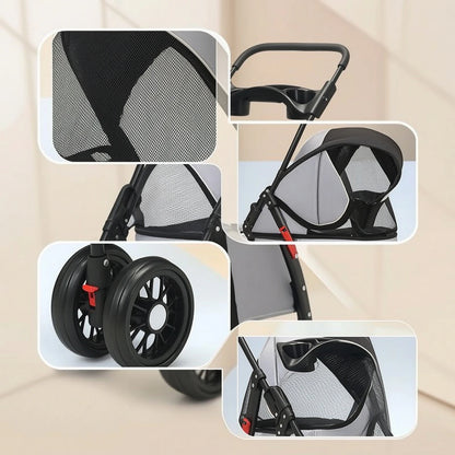 Pet Stroller with Storage Basket 4-Wheel Foldable Pet Stroller Collapsible Breathable for Small Dogs, Outdoor Walks, Travel