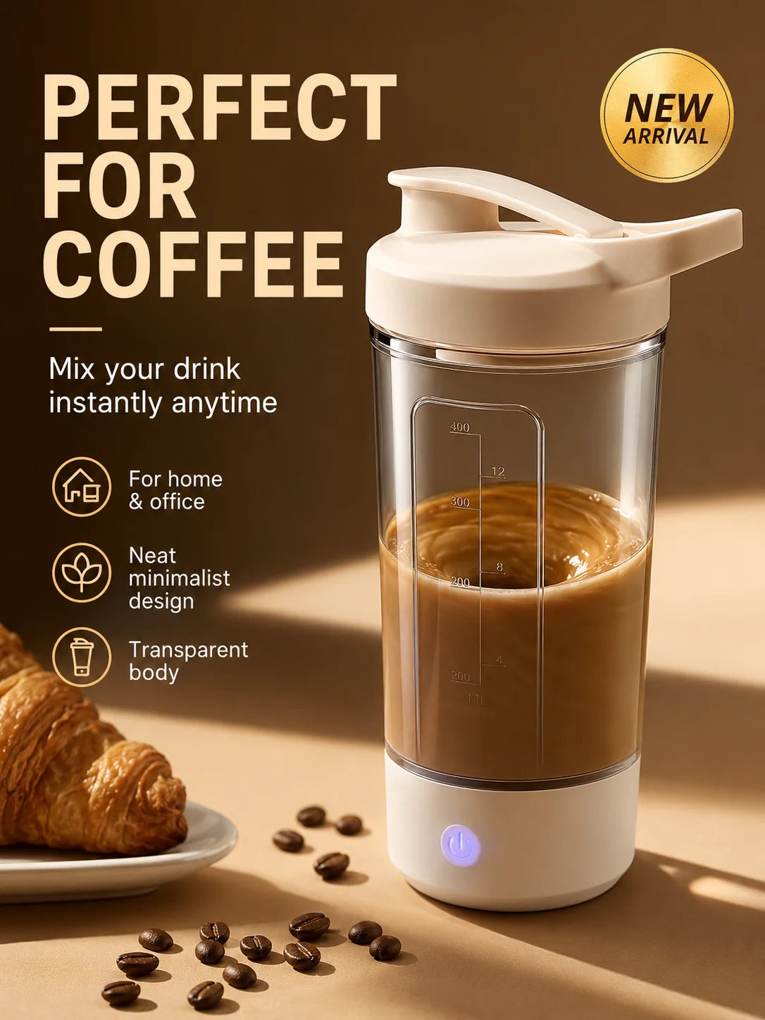 Portable Auto Stirring Cup, Transparent Measuring Electric Blender USB Charging for Milk Powder Smoothies