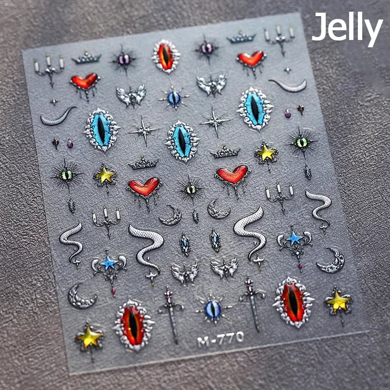 5D Gold Stamped Silver Sun Stars Snake Nail Art Stickers Totems Reliefs Self Adhesive Dark Chinese Style Manicure Decals