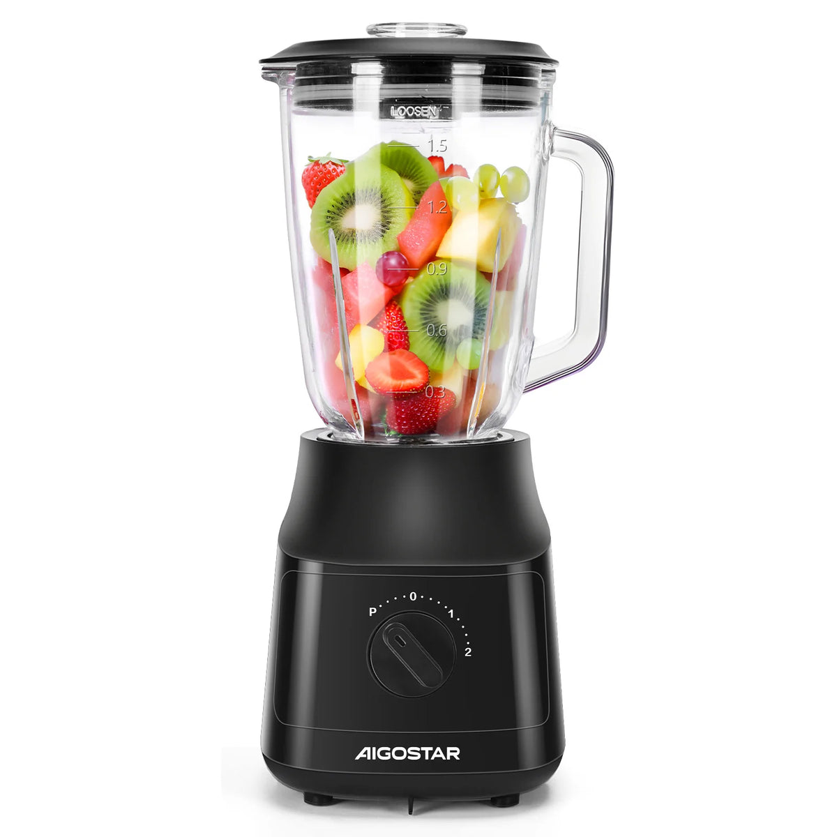 Aigostar Blender and Smoothie Maker, 1.5 Liter Glass Jar, Titanium-Coated Blades, Ice Crush Function, 2 Speeds + Pulse