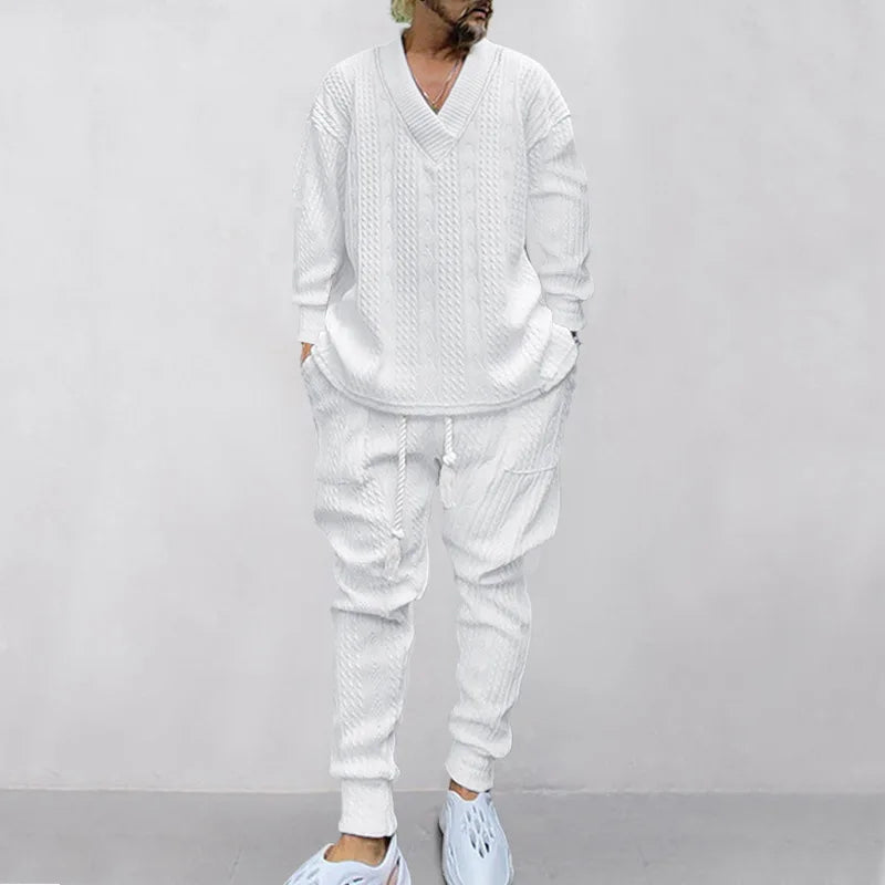 2025 Cross-border New Men's Casual Trousers V-Neck Versatile Jacquard Knitted Sweater Set