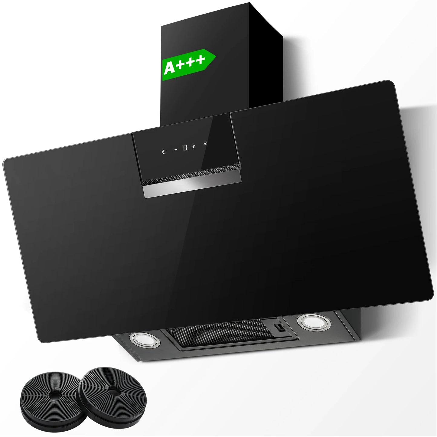 90cm Wall Mounted Cooker Hood 800m³/h A+++ LED Touch Control, Black Glass - Recirculation/Exhaust Option