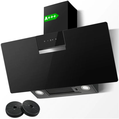90cm Wall Mounted Cooker Hood 800m³/h A+++ LED Touch Control, Black Glass - Recirculation/Exhaust Option