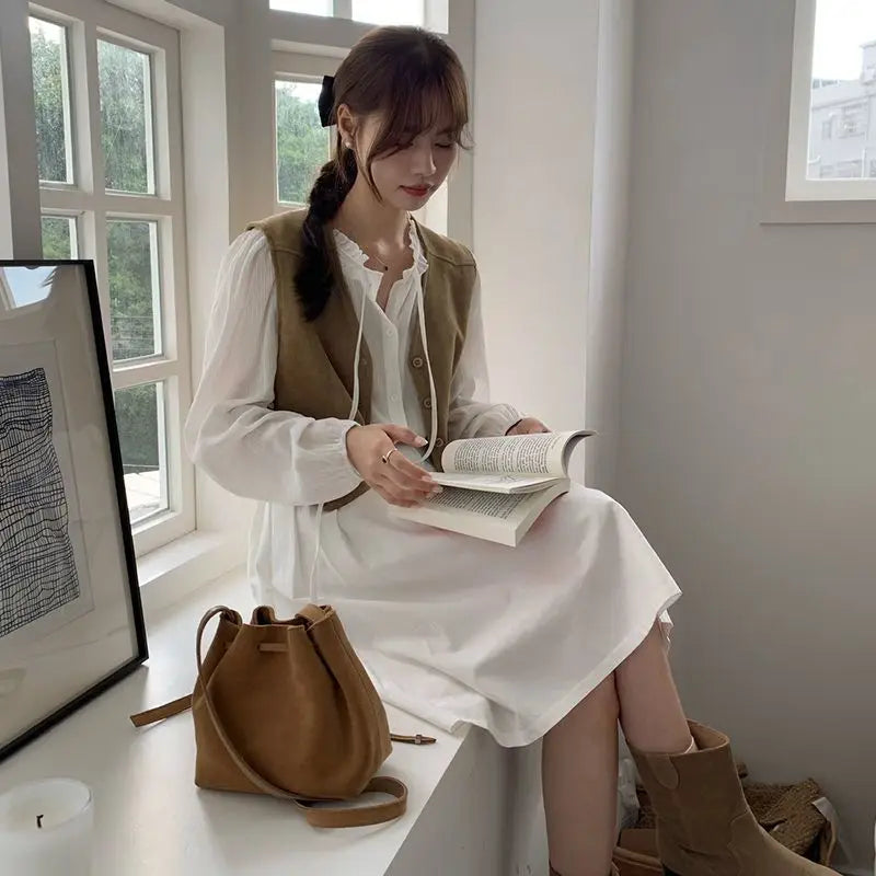 Retro Vests Women V-neck Single Breasted All-match Korean Style Spring Autumn Layering Outerwear Cozy Vintage Loose Comfortable
