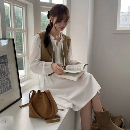 Retro Vests Women V-neck Single Breasted All-match Korean Style Spring Autumn Layering Outerwear Cozy Vintage Loose Comfortable