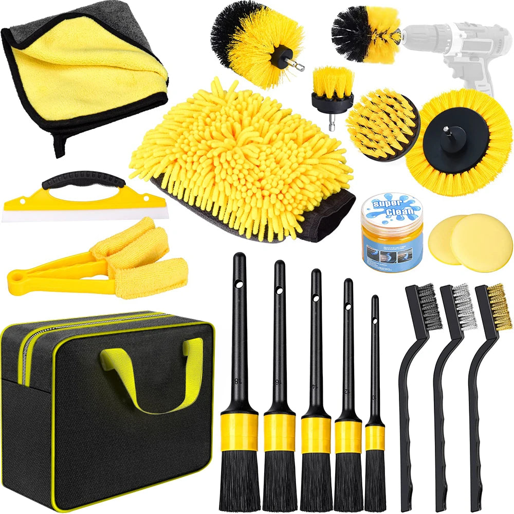 Podofo 20 Pcs Car Cleaning Set Car Care Set for Interior and Exterior - Car Wash Set with Brushes, Polishing Sponges, Cleaning Gel for Car Interior&Exterior Cleaning With Carry Bag