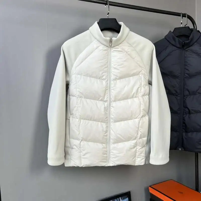 90 white duck down three-proof fabric men's down jacket, stand-up collar knitted patchwork sports outdoor winter coat