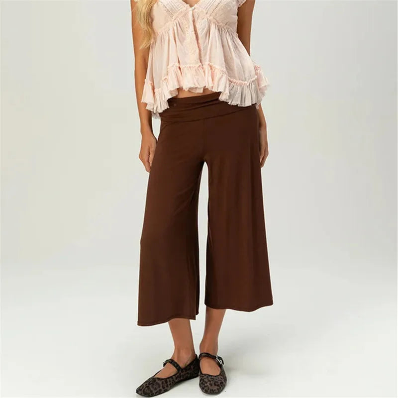 Women Fold Over Waist Gaucho Pants Low Rise Cropped Wide Leg Capri Pants Summer Foldover Culottes Yoga Pants Pajama Bottoms