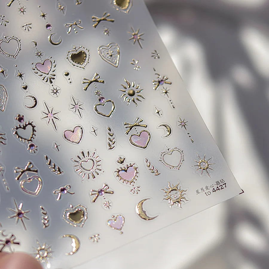 Gold Totem Red Heart Nail Art Stickers Aurora Holographic Star Moon Butterfly 5D Self Adhesive Nail Art RhinestoneS Stickers DIY