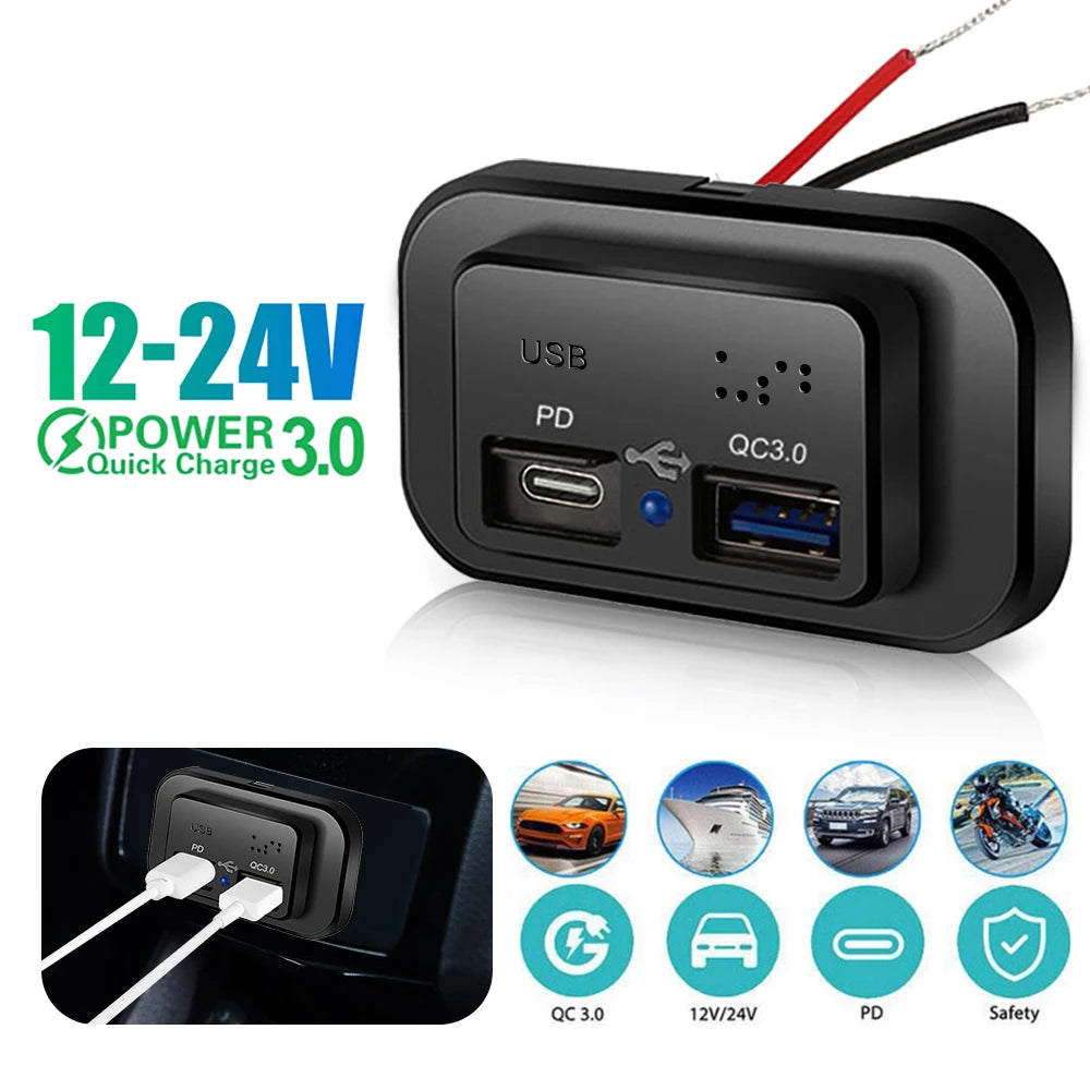 90W 3 Ports Dual PD Car Charger Socket with ON OFF Switch 18W QC3.0 Fast Charging for Motorbike Car Boat ATV UTV Camper Caravans