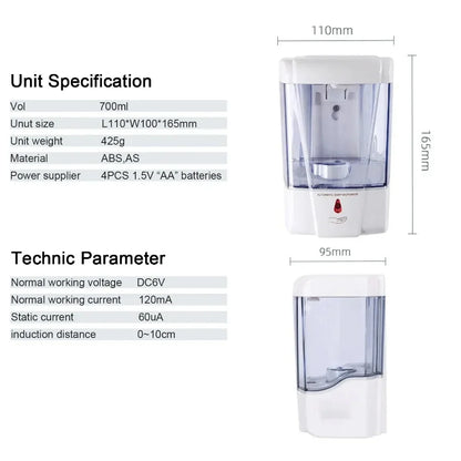 Automatic Touchless Soap Dispenser 700ml, Wall-Mounted Large Capacity Battery-Operated Sensor Hand Washer for Bathroom Kitchen