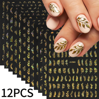 12Pcs 3D Gold Exquisite Flower Leaf Nail Art Stickers Metallic Floral Leaves Self-Adhesive Nail Decals DIY Retro Manicure Decor