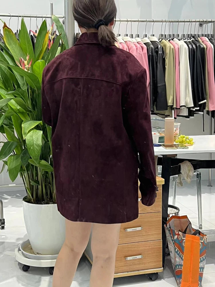French High-end Western-style Leather Jacket for Women 2026 New Color Purple Red Oversized Casual Kid Suede Suit Blazer Outwears