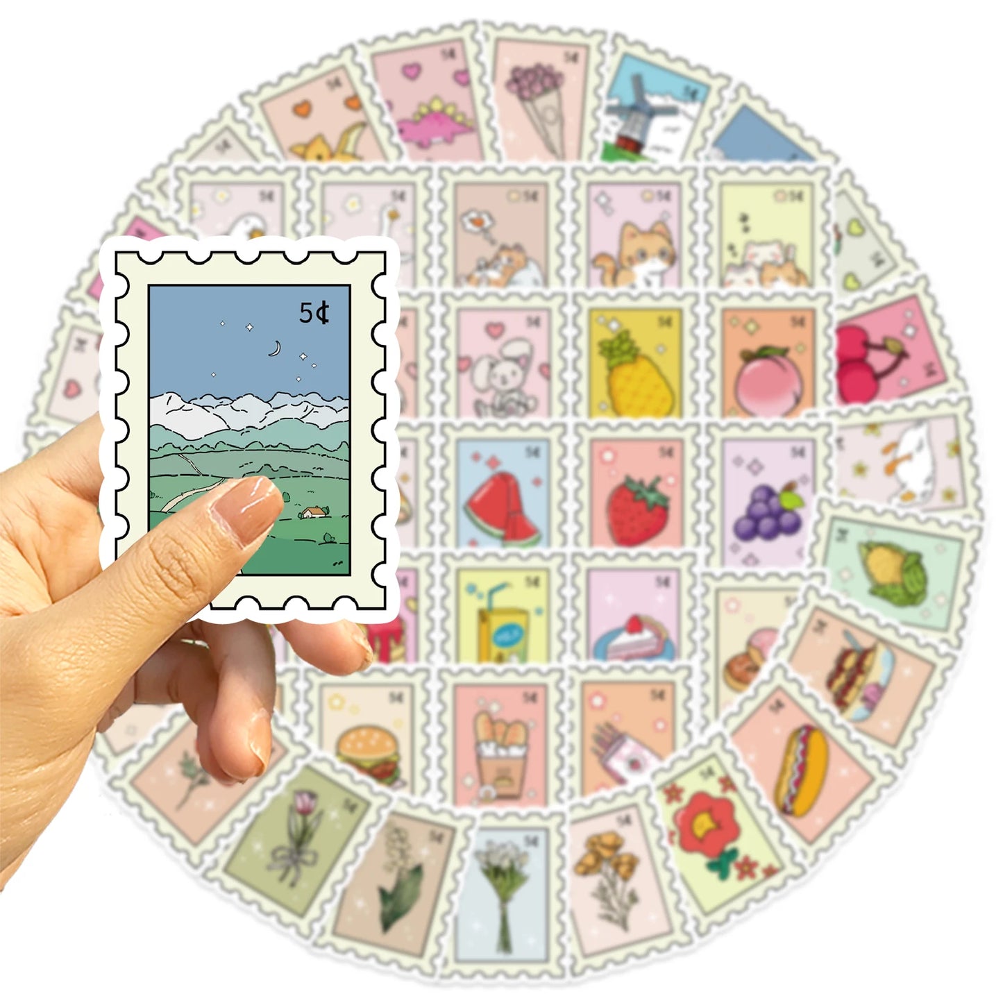 50pcs Small Fresh Stamp Art Stickers Aesthetic Phone Bike Wall Scrapbook Motorcycle Waterproof Cartoon Sticker For Toys Gifts
