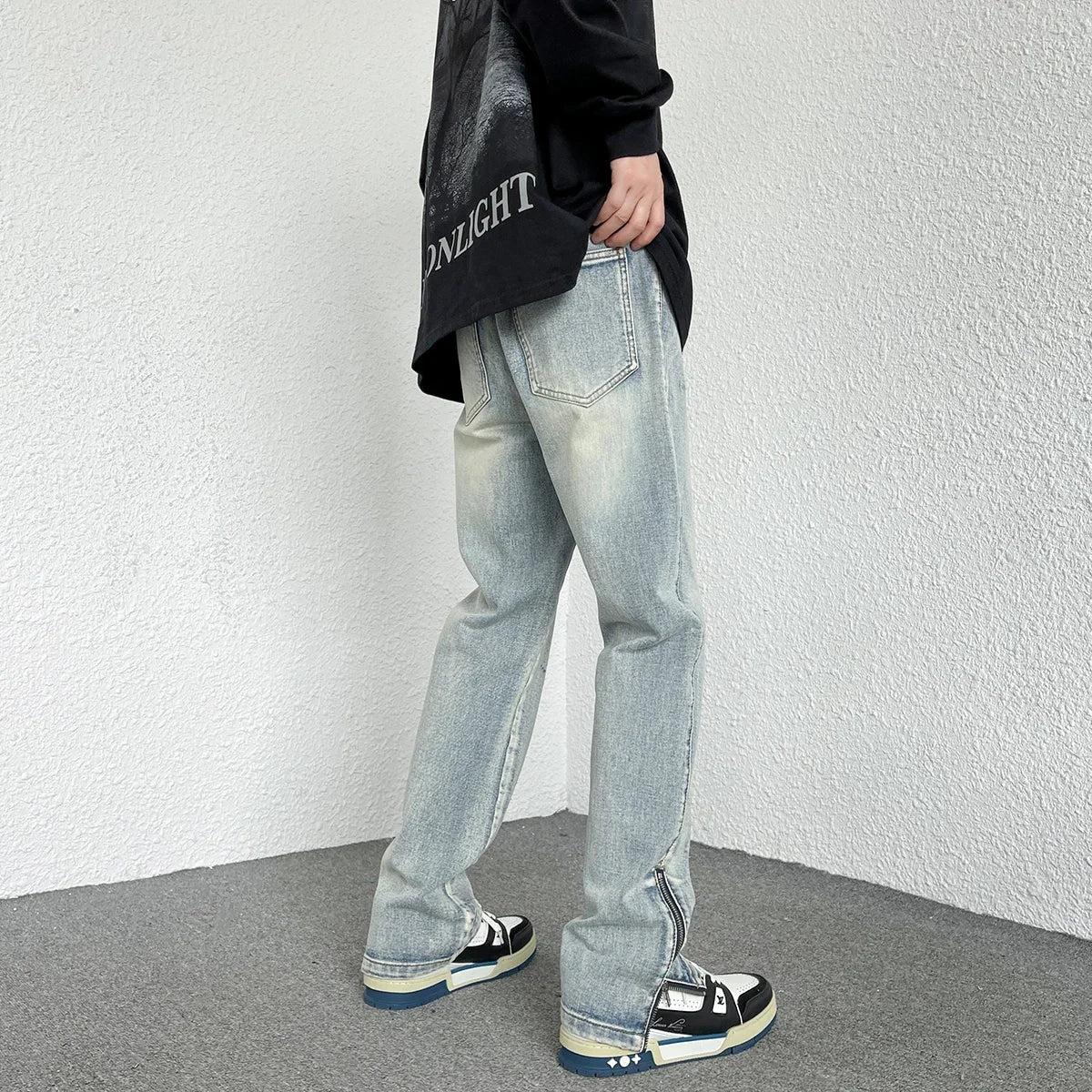 2024 Spring Autumn Korean Men Fashionable Retro Street Jeans Zip Design on Trouser Legs Straight-leg Denim Pants Men's Clothing
