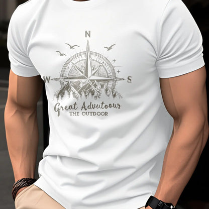 Summer men's 100% pure cotton casual fashionable loose retro compass mountain pattern printed round neck short sleeved T-shirt
