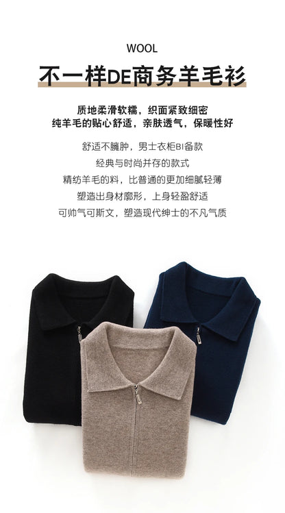 Men's 100% Merino Wool Thickened Sweater Polo Collar Business Zippered Cardigan Autumn Winter New Cashmere Jacket Knitted Top