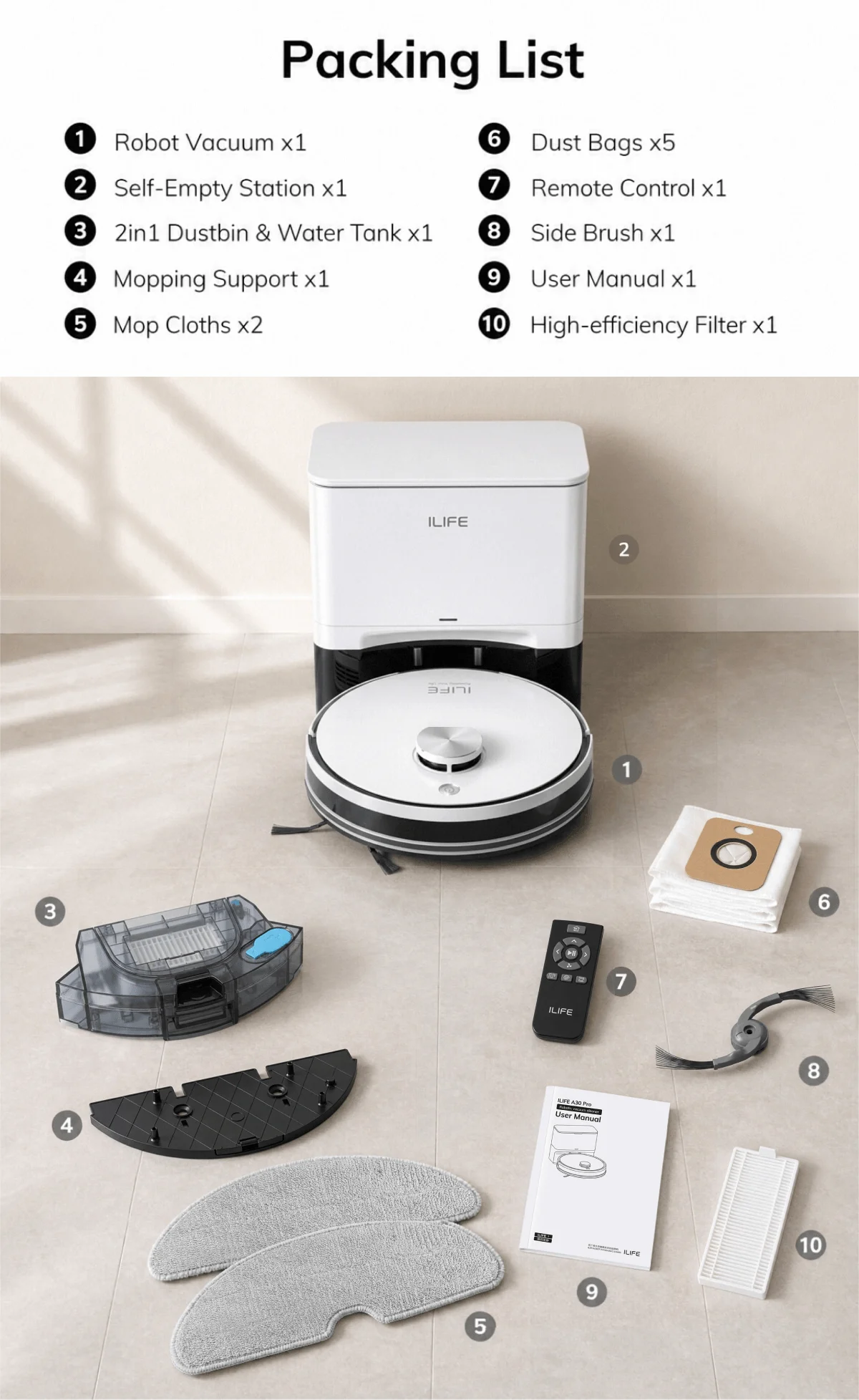 ILIFE A30 Pro Robot Vacuum Cleaner with Automatic Self-Emptying Station, 5000Pa Strong Suction, LDS Navigation, 180min Runtime, 2-in-1 Mop and Sweep , APP Control ，Home Floor Carpet Clean