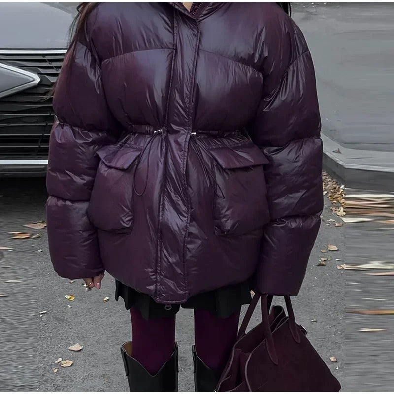 Vintage Zipper Cotton Coat Women Hooded Full Sleeve Pockets Drawstring Overcoats 2025 Winter New Lady Fashion Warm Streetwear