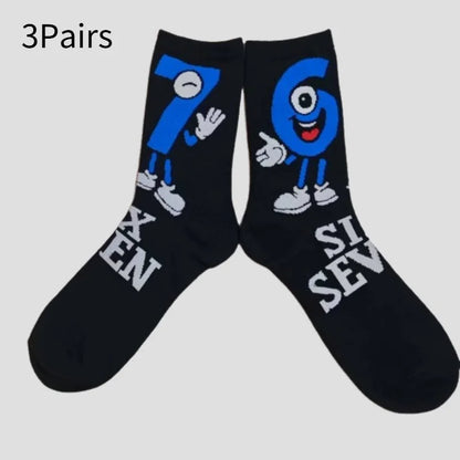 Cross Border New Arrival 67 Cartoon Number Socks Funny Letter Mens Mid Calf Socks