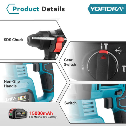 YOFIDRA 26MM Brushless Electric Hammer Drill Multifunctional Rotary Cordless Rechargeable Power Tools For Makita 18V Battery Pin