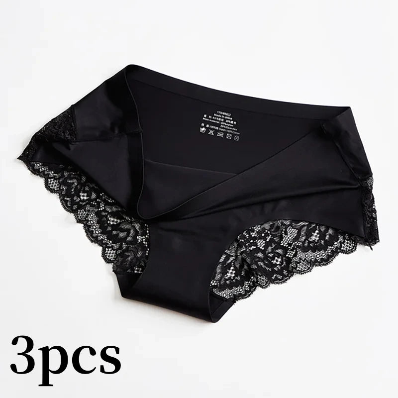 3pcs Lace Women's Panties French Seamless Underwear Female Ice Silk Briefs Solid Color Breathable Underpants Lingerie