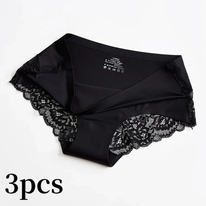 3pcs Lace Women's Panties French Seamless Underwear Female Ice Silk Briefs Solid Color Breathable Underpants Lingerie