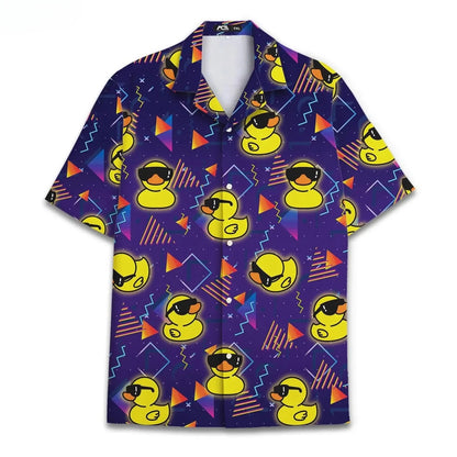 Funny Neon Rubber Duck Hawaiian Shirt for Men Galaxy Yellow Duck Mens Hawaiian Casual Button Down Shirts Short Sleeve Shirt Tops