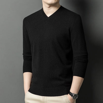 Men's V-Neck Basic Solid Color Sweatshirt Warm Autumn Knitted Oversize Pullover Elastic round Neck Sweater for Casual Wear
