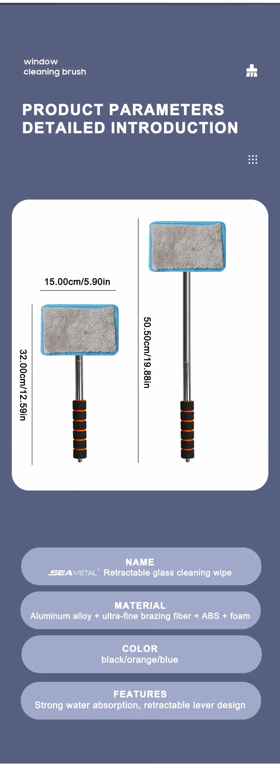 SEAMETAL Car Windshield Glass Cleaner Microfiber Car Window Cleaning Brush Extendable Handle Interior Exterior Car Wash Tools
