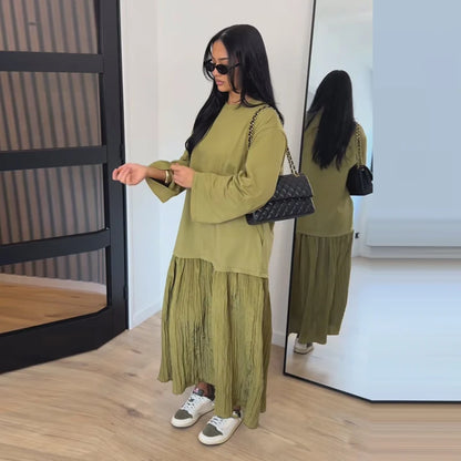 2026 Summer New Loose Patchwork Dresses Women's Pleated Fashion Short Sleeve O-neck Long Robes Female Elegant Casual Dress