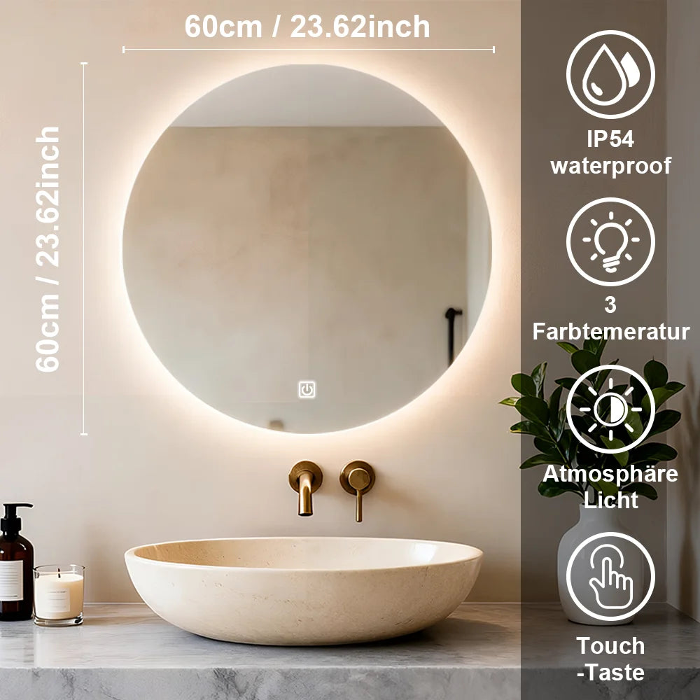 Smart Round Bathroom Mirror With LED Backlit Lights Wall Mounted Mirror 3 Colors Memory Stepless Dimmable Waterpoof IP54 Touch Switch