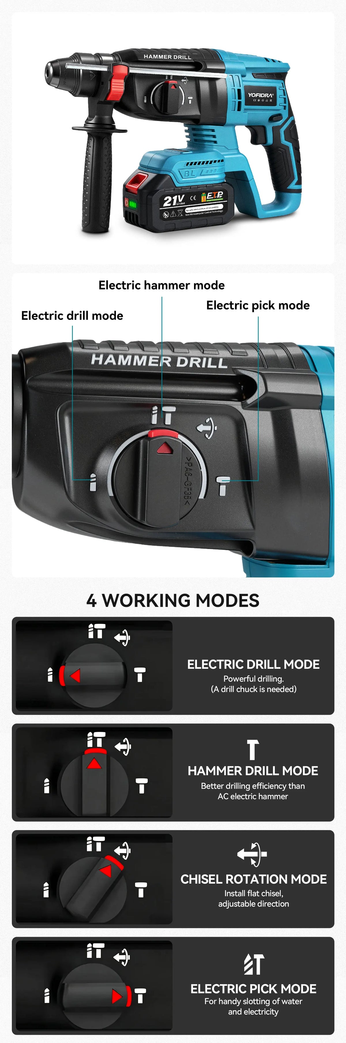 YOFIDRA 26MM Brushless Electric Hammer Drill Multifunctional Rotary Cordless Rechargeable Power Tools For Makita Battery Pin