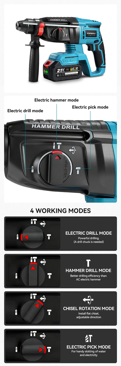 YOFIDRA 26MM Brushless Electric Hammer Drill Multifunctional Rotary Cordless Rechargeable Power Tools For Makita Battery Pin