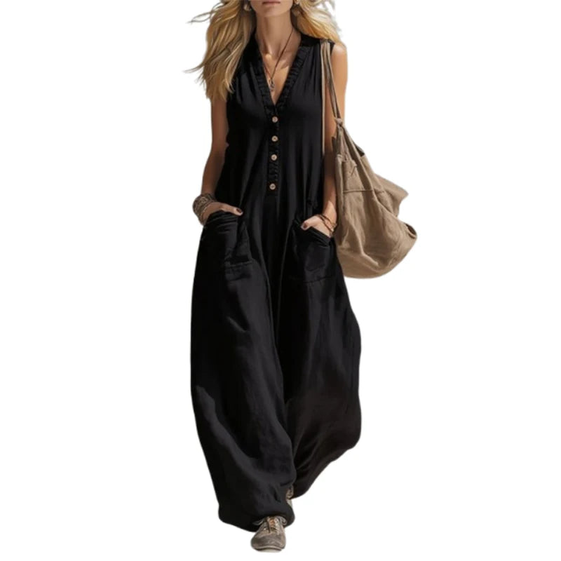 UOOZEE 2026 New Women's Sleeveless Casual Black Jumpsuit V Neck Button Front Pockets Wide Leg Overalls Loose Vacation Romper