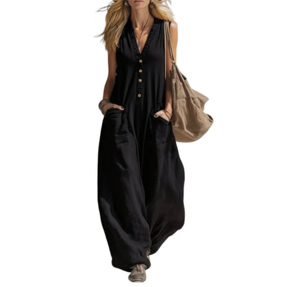 UOOZEE 2026 New Women's Sleeveless Casual Black Jumpsuit V Neck Button Front Pockets Wide Leg Overalls Loose Vacation Romper