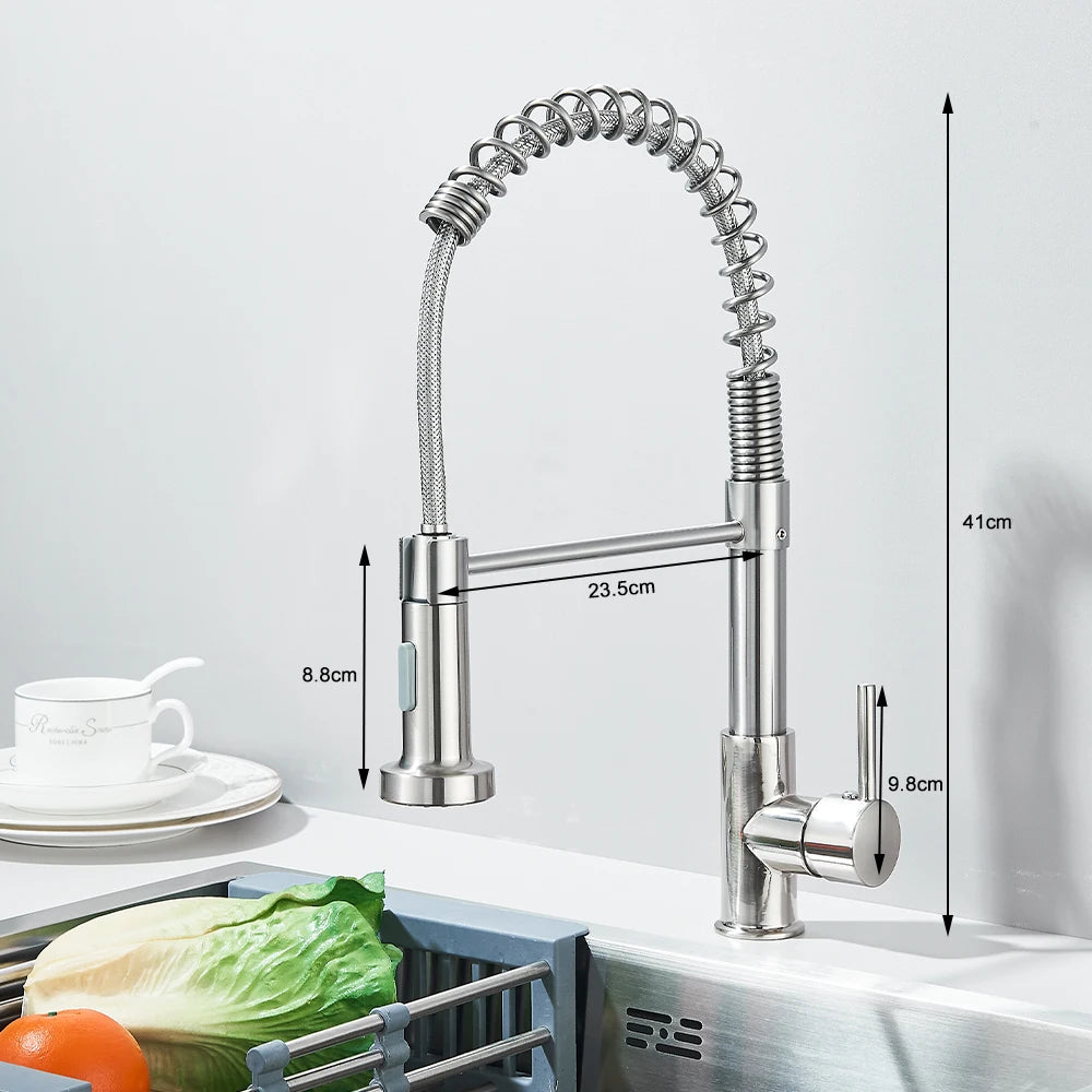Spring Brushed Kitchen Sink Faucet Pull Down Sprayer Nozzle Single Handle Faucets Mixer Hot Cold Stainless Steel Modern
