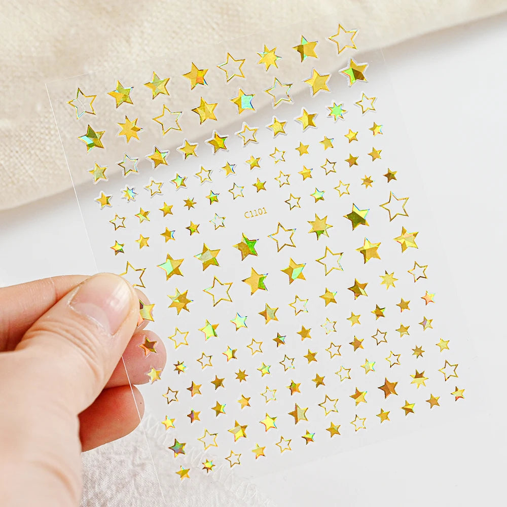 Black White Star 3D Nail Art Sticker Y2K Pentagram Self-Adhesive Decals Laser Shiny Glitters Starlight Manicure Ornaments Slider