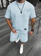 Men's Textured Letter Patched Round Neck Tee & Drawstring Shorts Two-Piece Set Regular Fit Casual Short Sleeve T shirt & Shorts