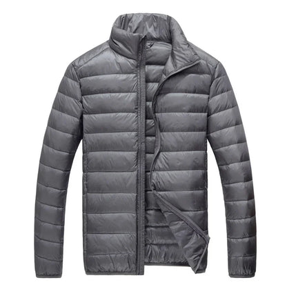 Schinteon Men Ultralight White Duck Down Jacket Thin Stand Collar Solid Color Simple Autumn Outwear