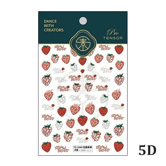 Fresh Sweet Fruits Strawberry Cherry Bowknot Love Heart Lemon 5D Nail Art Stickers Self Adhesive Decorations Nail Manicure Decal