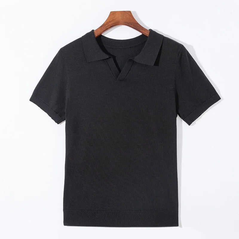 Spring and summer new 100% pure wool business casual knitting technology men's breathable soft lapel Polo short sleeve T-shirt.