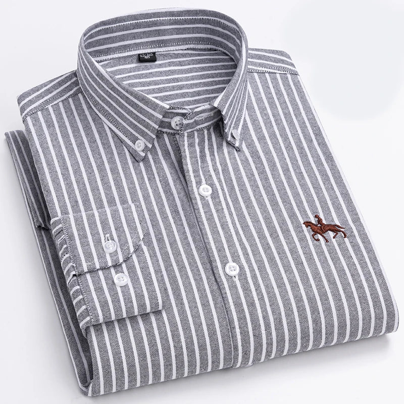 Basic Oxford Dress Shirt For Men Long Sleeve 100% Pure Cotton Solid  Casual Plaid Striped Social Business Male Regular-Fit S-6XL