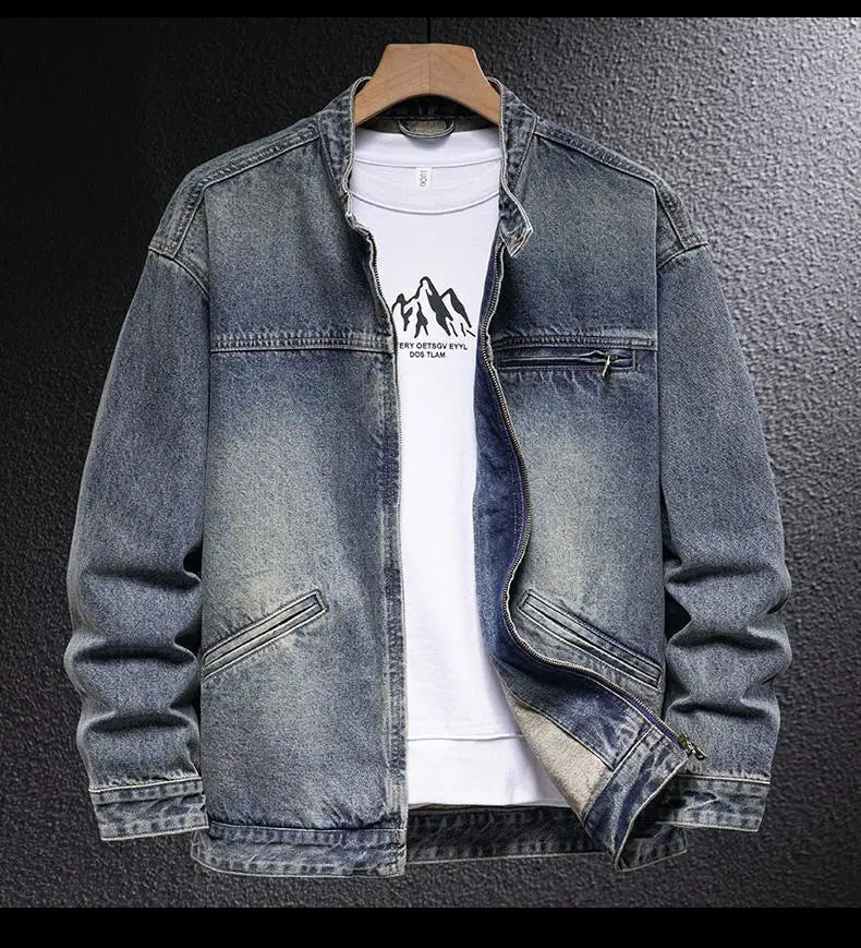 Denim Jacket Men's American Motorcycle Stand Collar New Spring and Autumn Trendy Brand Loose Cycling Bomber Jacket Top